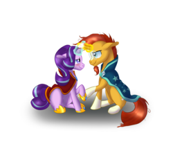 Size: 900x750 | Tagged: safe, artist:nivimonster, starlight glimmer, sunburst, pony, unicorn, g4, blushing, cloak, clothes, crossed horns, female, glowing horn, holding hooves, horn, horns are touching, looking at each other, male, ship:starburst, shipping, simple background, straight, transparent background