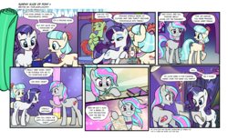 Size: 1920x1181 | Tagged: safe, artist:pencils, coco pommel, rarity, oc, oc:lucky charms, oc:sweet dream, pony, comic:sunday slice of pony, g4, book, butt, choker, comic, curtains, dress form, ear piercing, earring, eyeshadow, female, jewelry, licking, magic, makeup, mannequin, mare, math, mouth hold, pencil, piercing, plot, pole, pole dancing, ponyquin, rarity for you, stripper pole, telekinesis, tongue out