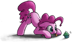 Size: 388x229 | Tagged: safe, artist:anearbyanimal, pinkie pie, earth pony, pony, g4, :p, :t, cupcake, cute, diapinkes, eyes on the prize, face down ass up, female, floppy ears, food, simple background, smiling, solo, tongue out, white background