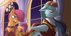 Size: 3000x1521 | Tagged: safe, artist:sea-maas, rainbow dash, scootaloo, the count of monte rainbow, g4, albert de morcef, clothes, crossover, edmond dantes, hair over one eye, indoors, open mouth, rainbow dantes, scenery, scootabert, signature, the cmc's cutie marks, the count of monte cristo, who are you count?