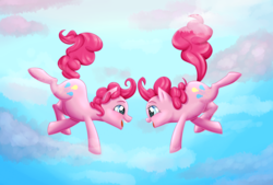 Size: 5035x3400 | Tagged: safe, artist:dari-draws, pinkie pie, g4, absurd resolution, bubble berry, falling, looking at each other, rule 63, self ponidox, smiling