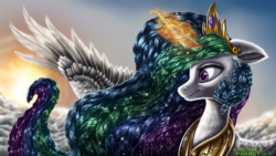 Size: 2560x1440 | Tagged: safe, artist:emeraldparrot, princess celestia, alicorn, pony, g4, cloud, detailed, female, floppy ears, fluffy, flying, magic, solo, sun