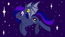 Size: 1200x675 | Tagged: safe, oc, oc only, oc:noxx, bat pony, pony, flying, night, open mouth, solo