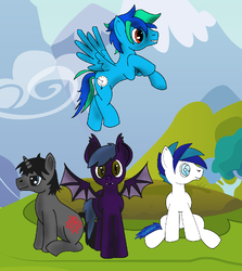 Size: 970x1086 | Tagged: safe, oc, oc only, oc:curiosity, oc:lucky dragon, oc:prophet, oc:sequinn star, bat pony, earth pony, pegasus, pony, unicorn