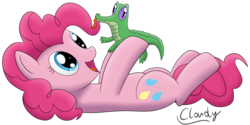 Size: 2000x1000 | Tagged: safe, artist:cloudy95, gummy, pinkie pie, g4, on back, simple background, smiling, transparent background