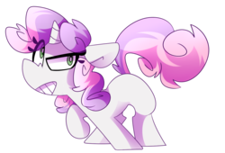 Size: 1280x869 | Tagged: safe, artist:nekosnicker, sweetie belle, pony, unicorn, g4, blank flank, eye clipping through hair, female, filly, grin, raised hoof, smiling, solo