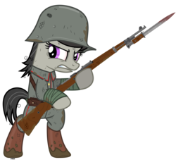 Size: 4430x4030 | Tagged: safe, artist:a4r91n, octavia melody, earth pony, pony, g4, absurd resolution, bayonet, bipedal, blood, boots, clothes, female, gewehr 98, gritted teeth, gun, kriegtavia, mauser, messy mane, military uniform, mud, rifle, simple background, solo, stahlhelm, tail wrap, transparent background, uniform, vector, weapon, world war i