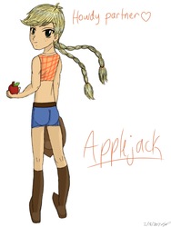 Size: 1536x2048 | Tagged: safe, artist:psshdjndofnsjdkan, applejack, human, g4, alternate hairstyle, apple, applebutt, clothes, daisy dukes, female, food, humanized, midriff, pigtails, shorts, solo