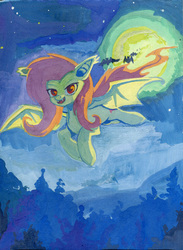 Size: 803x1100 | Tagged: safe, artist:lexx2dot0, artist:maytee, fluttershy, bat, bat pony, pony, g4, collaboration, female, flutterbat, flying, forest, full moon, gouache, looking at you, mare, moon, night, open mouth, outdoors, red eyes, scenery, solo, spread wings, stars, traditional art, tree, wings