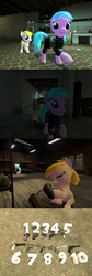 Size: 1400x4184 | Tagged: safe, artist:soad24k, oc, oc only, oc:chipper leaf, oc:flash bang, pony, 3d, cyoa, cyoa:filly adventure, female, filly, gmod, gun, high res, mare, weapon