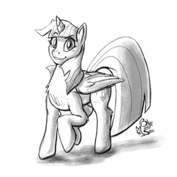 Size: 1000x1000 | Tagged: safe, artist:blue-paint-sea, twilight sparkle, alicorn, pony, g4, black and white, female, folded wings, grayscale, happy, monochrome, raised eyebrow, raised hoof, simple background, sketch, smiling, solo, twilight sparkle (alicorn), white background