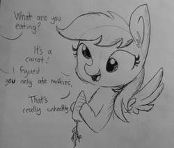 Size: 1087x926 | Tagged: safe, artist:tjpones, derpy hooves, pegasus, pony, g4, carrot, derp, dialogue, eating, food, grayscale, herbivore, hoof hold, lineart, monochrome, offscreen character, open mouth, smiling, spread wings, traditional art, truth bomb