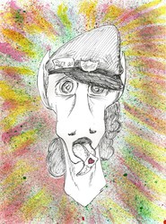 Size: 4912x6625 | Tagged: safe, artist:sigridmarialer, parcel post, post haste, pony, g4, absurd resolution, acid, background pony, drugs, lsd, male, psychedelic, solo, spray paint, stamp, tongue out, traditional art