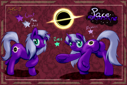Size: 750x500 | Tagged: safe, artist:frist44, oc, oc only, oc:pace starshine, pony, unicorn, black hole, butt, butt freckles, cutie mark, dock, freckles, frog (hoof), looking at you, plot, raised hoof, raised leg, reference sheet, smiling, solo, stars, underhoof