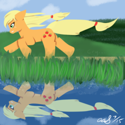 Size: 3200x3200 | Tagged: safe, artist:curledponycreations, applejack, earth pony, pony, g4, applejack cries on the inside, crying, female, grass, high res, mare, outdoors, running, solo, water