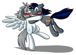 Size: 2100x1500 | Tagged: dead source, safe, artist:alittleofsomething, oc, oc only, pegasus, pony, unicorn, bipedal, duo, eyes closed, male, open mouth, scared, simple background, spread wings, stallion, transparent background
