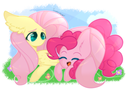 Size: 4900x3500 | Tagged: safe, artist:fake-insomnia, fluttershy, pinkie pie, pony, g4, absurd resolution, duo, eyes closed, female, lesbian, prone, ship:flutterpie, shipping