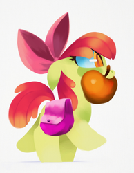 Size: 2100x2700 | Tagged: safe, artist:talonsofwater, apple bloom, earth pony, pony, g4, adorabloom, apple, cute, female, food, high res, mouth hold, saddle bag, simple background, solo, white background