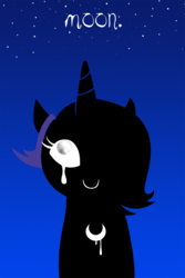 Size: 659x986 | Tagged: safe, artist:sunblink, princess luna, alicorn, pony, loony luna, g4, crown, crying, female, hair over one eye, jewelry, moon, no more ponies at source, regalia, s1 luna, silhouette, smiling, solo, stars, wingding eyes