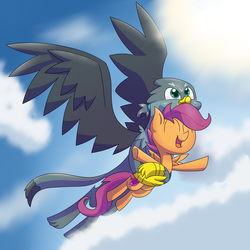 Size: 2743x2743 | Tagged: safe, artist:supercoco142, gabby, scootaloo, griffon, pony, g4, duo, eyes closed, female, flying, happy, high res, holding a pony, scootalove, sky