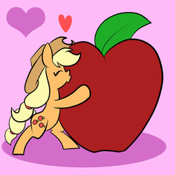 Size: 576x576 | Tagged: safe, artist:pembroke, applejack, pony, g4, apple, bipedal, bipedal leaning, eyes closed, female, food, giant apple, heart, joke shipping, just one bite, kissing, leaning, solo, that pony sure does love apples