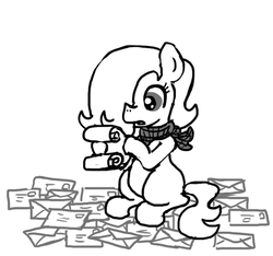 Size: 640x600 | Tagged: safe, artist:ficficponyfic, oc, oc only, oc:emerald jewel, earth pony, pony, colt quest, bandana, child, colt, concerned, femboy, foal, hair over one eye, letter, mail, male, monochrome, reading, scroll, solo, story included