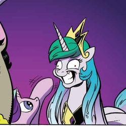 Size: 391x393 | Tagged: safe, artist:andypriceart, idw, accord, discord, princess celestia, starlight glimmer, alicorn, pony, unicorn, chaos theory (arc), g4, spoiler:comic, spoiler:comic50, accord (arc), boop, conclusion: and chaos into the order came, contemplating insanity, derp, female, gradient background, grin, mare, mind control, shrunken pupils, slasher smile, smiling, snaplestia, stepford smiler, waving, wide eyes