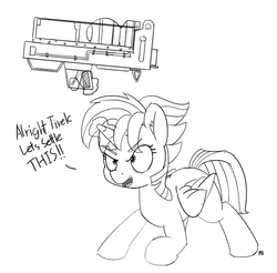 Size: 1280x1259 | Tagged: safe, artist:pabbley, twilight sparkle, alicorn, pony, g4, alternate hairstyle, dialogue, fallout, fat man, female, grayscale, gun, magic, mini nuke, monochrome, open mouth, punklight sparkle, simple background, solo, telekinesis, this will end in explosions, twilight sparkle (alicorn), weapon, white background
