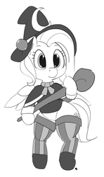Size: 1139x1920 | Tagged: safe, artist:pabbley, fluttershy, pony, g4, bipedal, clothes, female, grayscale, hat, mage, monochrome, shirt, simple background, socks, solo, staff, striped socks, white background, witch hat