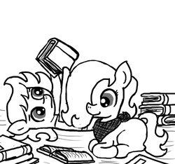 Size: 640x600 | Tagged: safe, artist:ficficponyfic, oc, oc only, oc:emerald jewel, oc:ruby rouge, colt quest, adorable face, amulet, book, colt, cute, female, femboy, filly, foal, hair over one eye, knife, male, monochrome, prone, reading, smiling, story included, tomboy