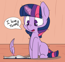 Size: 1280x1216 | Tagged: dead source, safe, artist:pabbley, artist:php47, twilight sparkle, pony, unicorn, g4, colored, cute, dialogue, female, horse taxes, levitation, looking down, magic, missing cutie mark, open mouth, quill, sitting, solo, taxes, telekinesis, that pony sure does love taxes, twiabetes, unicorn twilight