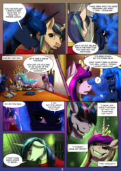 Size: 2480x3508 | Tagged: safe, artist:mykegreywolf, princess cadance, princess celestia, princess luna, shining armor, twilight sparkle, alicorn, pony, comic:night call, g4, book, chair, clothes, crown, dialogue, evil smile, glowing mane, grin, high res, jewelry, nightmare, open mouth, regalia, royal sisters, smiling, speech bubble, table, twilight sparkle (alicorn)