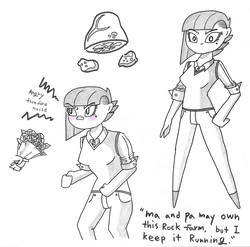 Size: 2303x2276 | Tagged: safe, artist:potatobug, derpibooru exclusive, limestone pie, human, g4, angry, blushing, cutie mark, flower, grayscale, high res, humanized, limetsun pie, monochrome, no nose, offscreen character, partial color, traditional art, tsundere