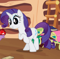 Size: 509x507 | Tagged: safe, screencap, rarity, spike, dragon, pony, unicorn, g4, secret of my excess, animated, animation error, book, cropped, cute, dilated pupils, excited, eye shimmer, eyes on the prize, fire ruby, gem, gif, grin, gritted teeth, happy, offscreen character, open mouth, opening credits, raised hoof, raribetes, ruby, smiling, solo focus, squee