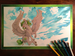 Size: 3264x2448 | Tagged: safe, artist:skywardsylphina, oc, oc only, oc:screwpine caprice, pony, flying, happy, high res, photo, solo, traditional art