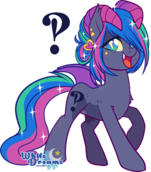 Size: 1560x1774 | Tagged: safe, artist:xwhitedreamsx, oc, oc only, oc:madeline, pony, succubus, exclamation point, female, interrobang, interrobang (glyph), mare, multicolored iris, question mark, simple background, solo, transparent background