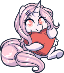 Size: 1411x1603 | Tagged: safe, artist:xwhitedreamsx, oc, oc only, oc:blending heart, pony, unicorn, colored pupils, cute, female, heart, heart pillow, mare, pillow, simple background, sitting, solo, transparent background, underhoof