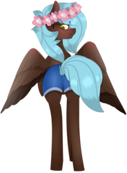 Size: 3118x4235 | Tagged: safe, artist:maximpy, oc, oc only, pegasus, pony, butt, clothes, colored pupils, female, floral head wreath, flower, high res, mare, plot, shorts, simple background, solo, transparent background