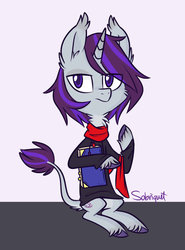 Size: 600x810 | Tagged: safe, artist:flourret, oc, oc only, oc:sobriquet, pony, unicorn, book, clothes, colored pupils, female, mare, scarf, sitting, solo, sweater