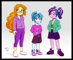 Size: 1280x1047 | Tagged: safe, artist:ponut_joe, adagio dazzle, aria blaze, sonata dusk, equestria girls, g4, alternate hairstyle, arm behind back, clothes, female, glasses, grin, hand in pocket, hoodie, jacket, looking at you, nerddagio, pants, pigtails, ponytail, running shoes, shirt, shoes, shorts, simple background, skirt, smiling, the dazzlings, white background, younger, zipper