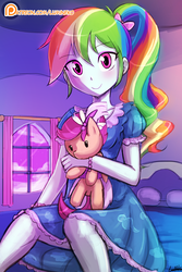 Size: 750x1125 | Tagged: safe, artist:lumineko, rainbow dash, scootaloo, equestria girls, g4, alternate hairstyle, bed, blushing, bow, bracelet, clothes, cute, dashabetes, female, hair bow, implied scootalove, jewelry, looking at you, lumineko is trying to murder us, moe, nightgown, patreon, patreon logo, plushie, ponytail, puffy sleeves, rainbow dash always dresses in style, scootaloo plushie, scootalove, sitting, smiling, solo, window