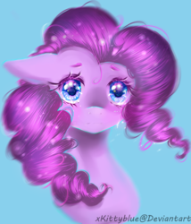 Size: 1672x1956 | Tagged: safe, artist:xkittyblue, pinkie pie, earth pony, pony, g4, blue background, bust, chromatic aberration, female, looking at you, mare, portrait, simple background, solo