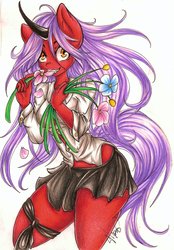 Size: 1024x1472 | Tagged: safe, artist:bunnywhiskerz, oc, oc only, oc:crimson, anthro, clothes, commission, eating, female, flower, horn, insanity, miniskirt, pleated skirt, signature, simple background, skirt, solo, traditional art, white background