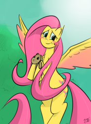 Size: 2580x3500 | Tagged: safe, artist:l-pastellepink-l, fluttershy, pegasus, pony, rabbit, g4, blushing, female, flying, high res, holding, looking at you, smiling, solo, spread wings