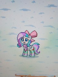 Size: 3120x4160 | Tagged: safe, oc, oc only, oc:sumistrawberry, pony, pony town, bow, clothes, hair bow, high res, scarf, socks, solo, striped socks