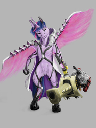 Size: 2074x2765 | Tagged: safe, artist:mackeroth, twilight sparkle, alicorn, cyborg, unicorn, semi-anthro, g4, abs, amputee, augmented, belly, belly button, bipedal, boots, cloak, clothes, collarbone, exosuit, featureless crotch, female, fit, high res, laser, muscles, prosthetic limb, prosthetic wing, prosthetics, scarred, simple background, slender, solo, sternocleidomastoid, thin, twilight sparkle (alicorn)