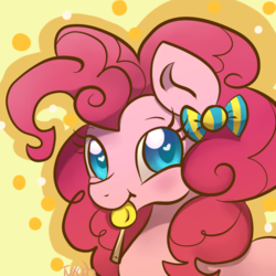 Size: 712x712 | Tagged: safe, artist:tuxisthename, pinkie pie, earth pony, pony, g4, blushing, bow, candy, cute, diapinkes, female, food, hair bow, heart eyes, lollipop, looking at you, mare, mouth hold, smiling, solo, wingding eyes