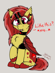 Size: 960x1280 | Tagged: dead source, safe, artist:php62, oc, oc only, oc:ruby splash, bat pony, pony, ask, chest fluff, choker, cute little fangs, derp, dialogue, ear piercing, fangs, looking at you, piercing, solo, tongue out, tumblr, unshorn fetlocks