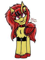 Size: 960x1280 | Tagged: safe, artist:php62, oc, oc only, oc:ruby splash, bat pony, pony, arm band, chest fluff, choker, cute little fangs, ear piercing, eyeshadow, fangs, freckles, looking at you, makeup, open mouth, piercing, solo, unshorn fetlocks