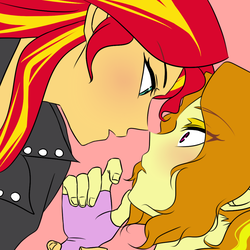 Size: 1000x1000 | Tagged: safe, artist:raika0306, adagio dazzle, sunset shimmer, human, equestria girls, g4, my little pony equestria girls: rainbow rocks, blushing, clothes, duo, female, lesbian, looking at each other, open mouth, ship:sunsagio, shipping, simple background